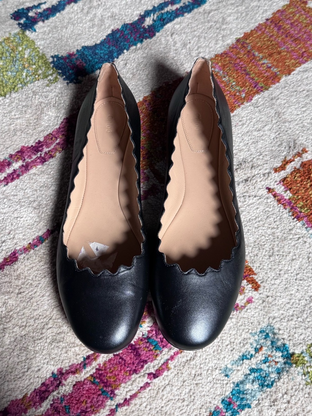 Chloé Lauren Black Leather Ballerina Scalloped Flat 37.5 (7-7.5) NWOT - Picture 3 of 6